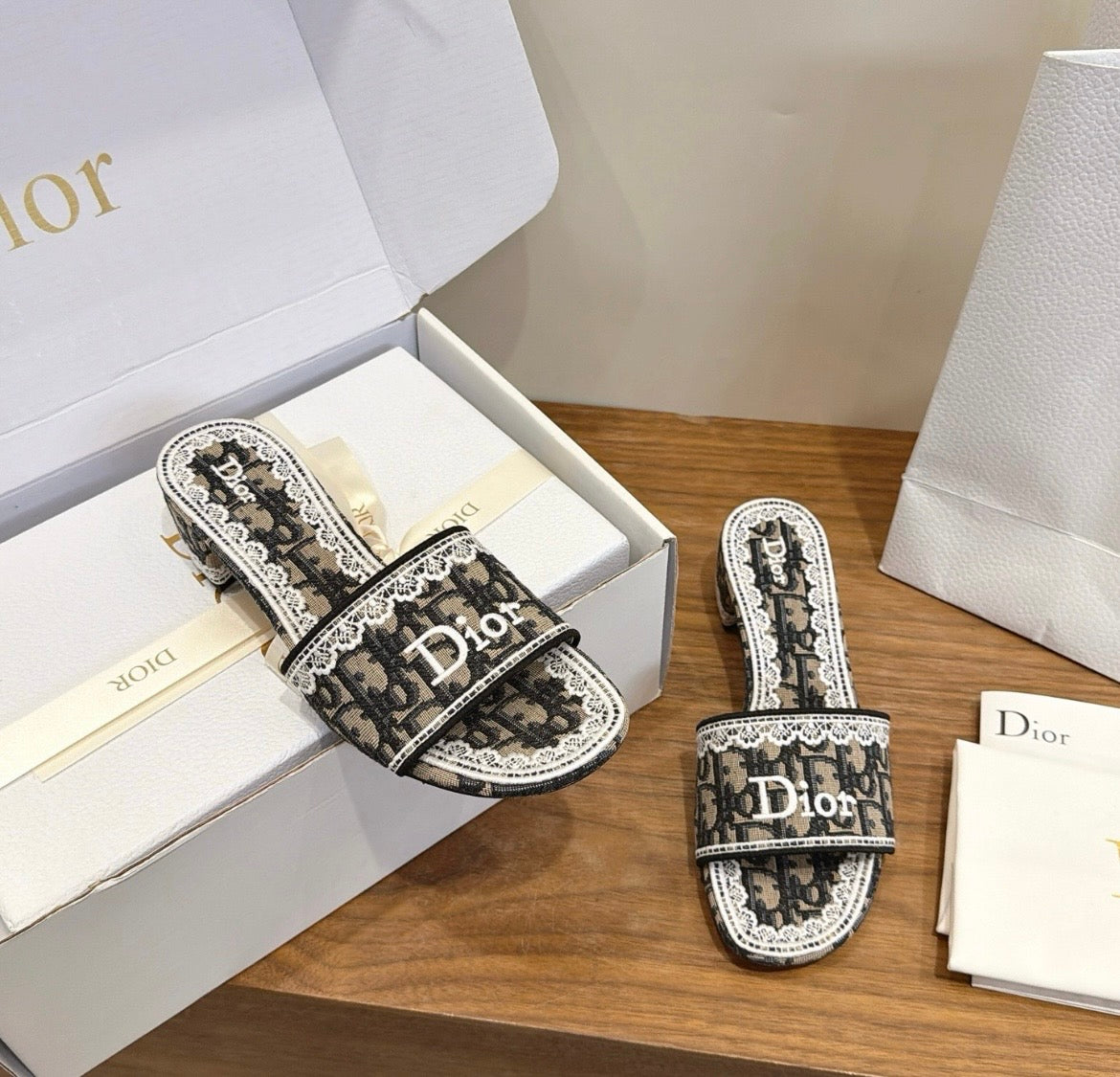 Dior Oblique Monogram Lace Heeled Mule Sandal