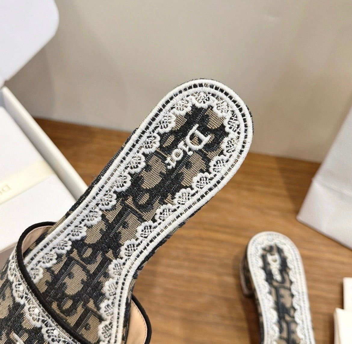 Dior Oblique Monogram Lace Heeled Mule Sandal