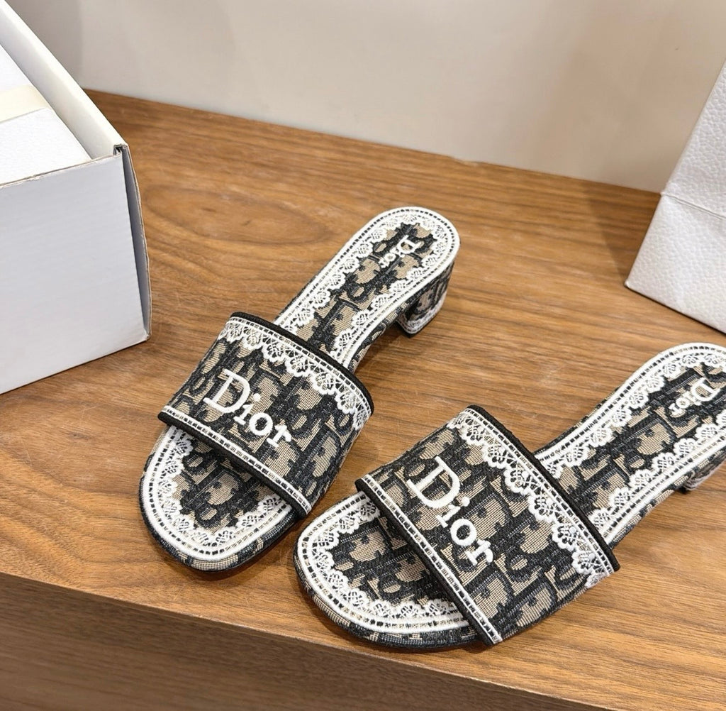 Dior Oblique Monogram Lace Heeled Mule Sandal