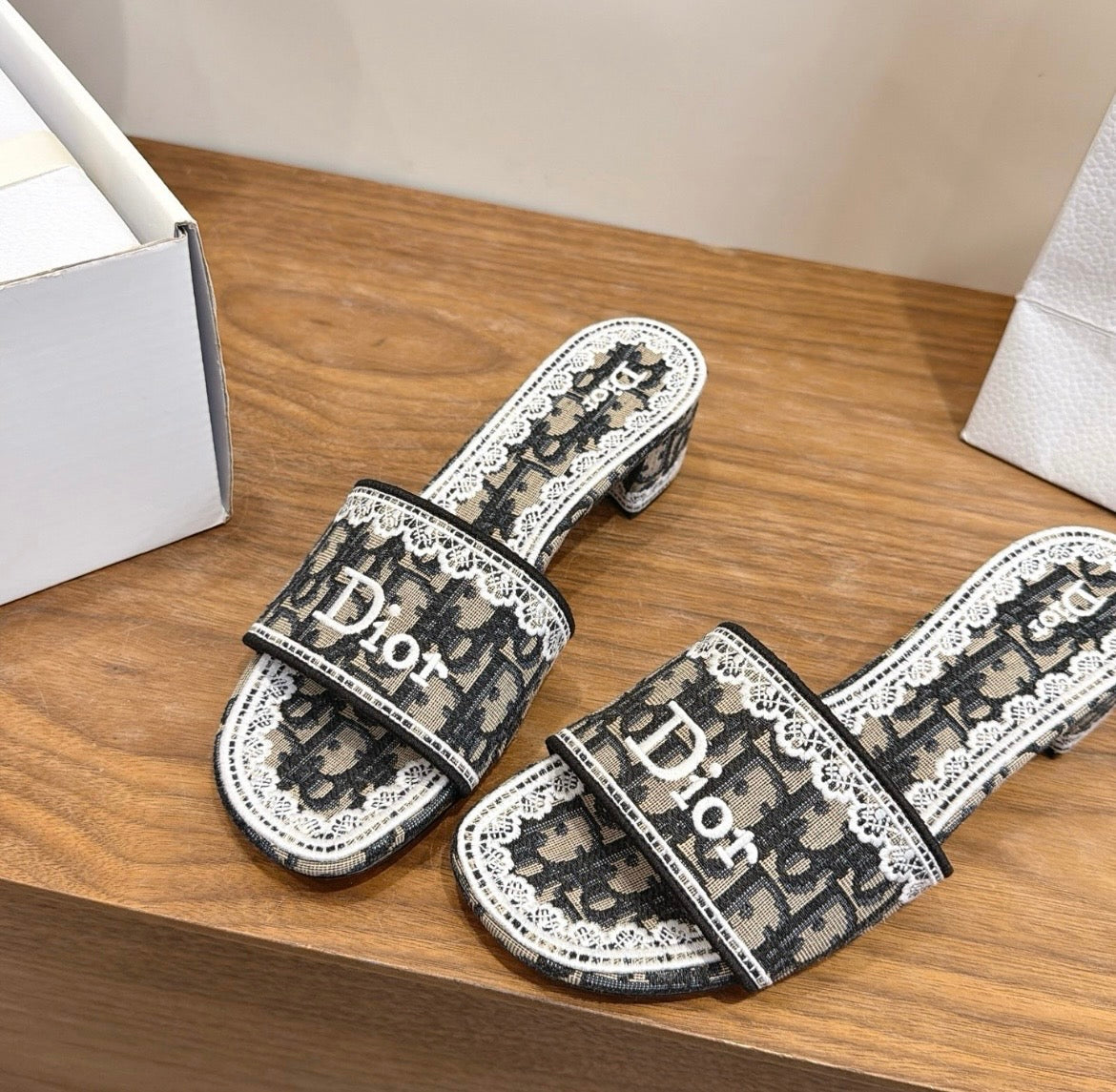 Dior Oblique Monogram Lace Heeled Mule Sandal