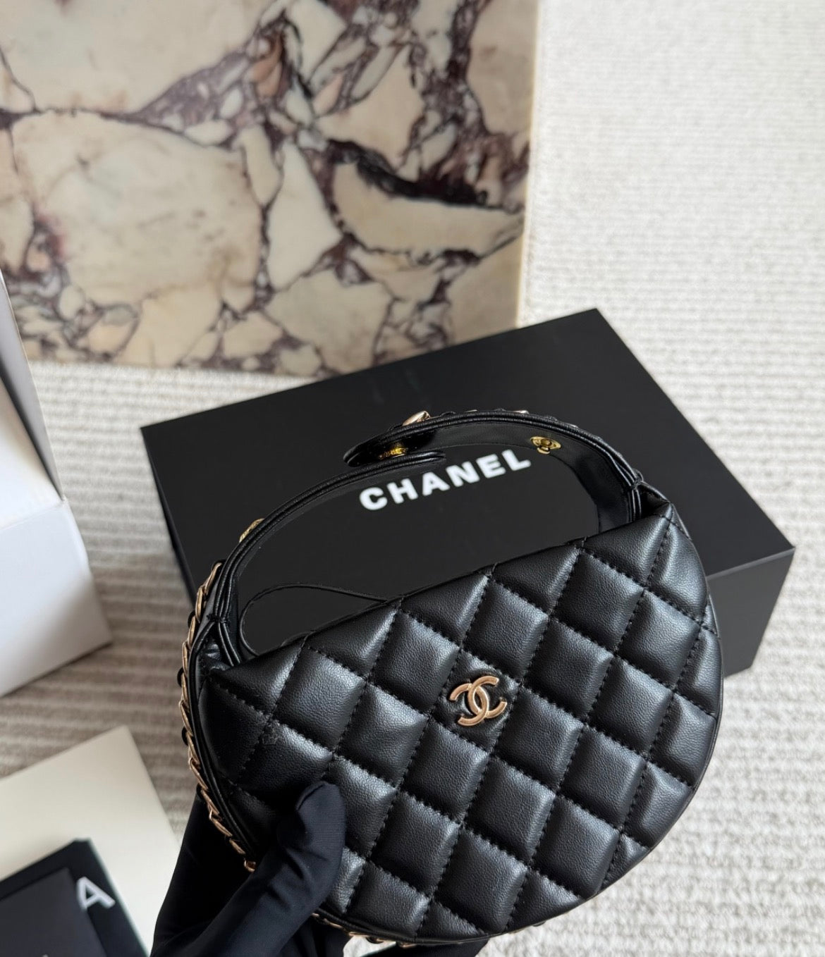 Chanel Quilted Black Leather Round Bucket Bag with Gold Chain