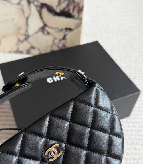 Chanel Quilted Black Leather Round Bucket Bag with Gold Chain