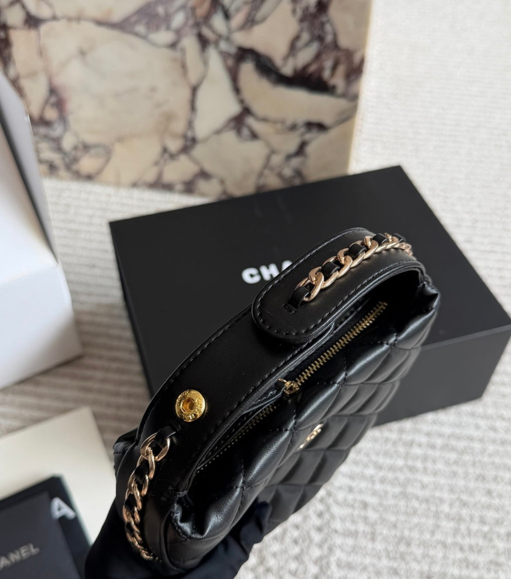 Chanel Quilted Black Leather Round Bucket Bag with Gold Chain