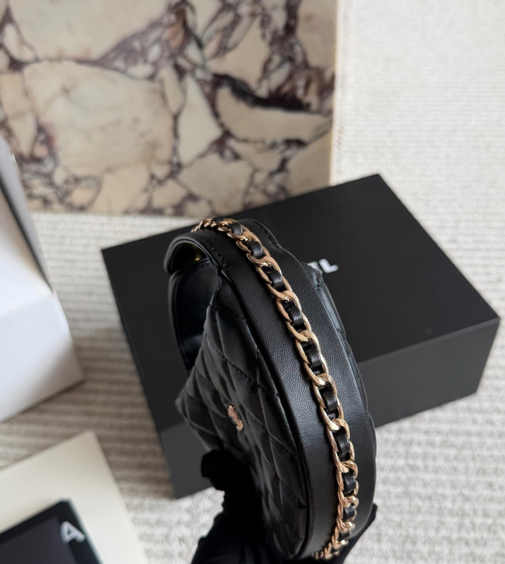 Chanel Quilted Black Leather Round Bucket Bag with Gold Chain