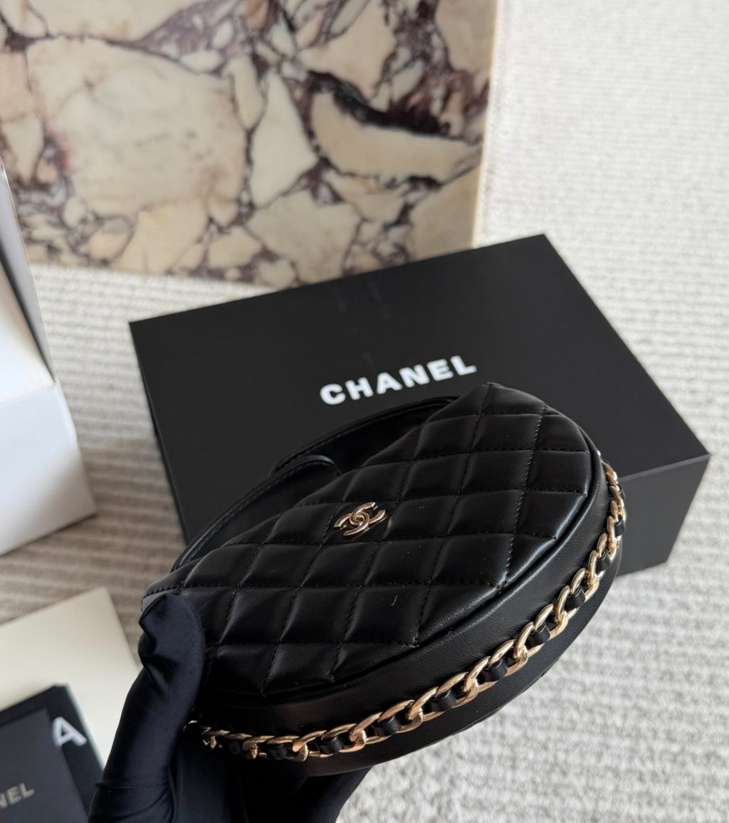 Chanel Quilted Black Leather Round Bucket Bag with Gold Chain