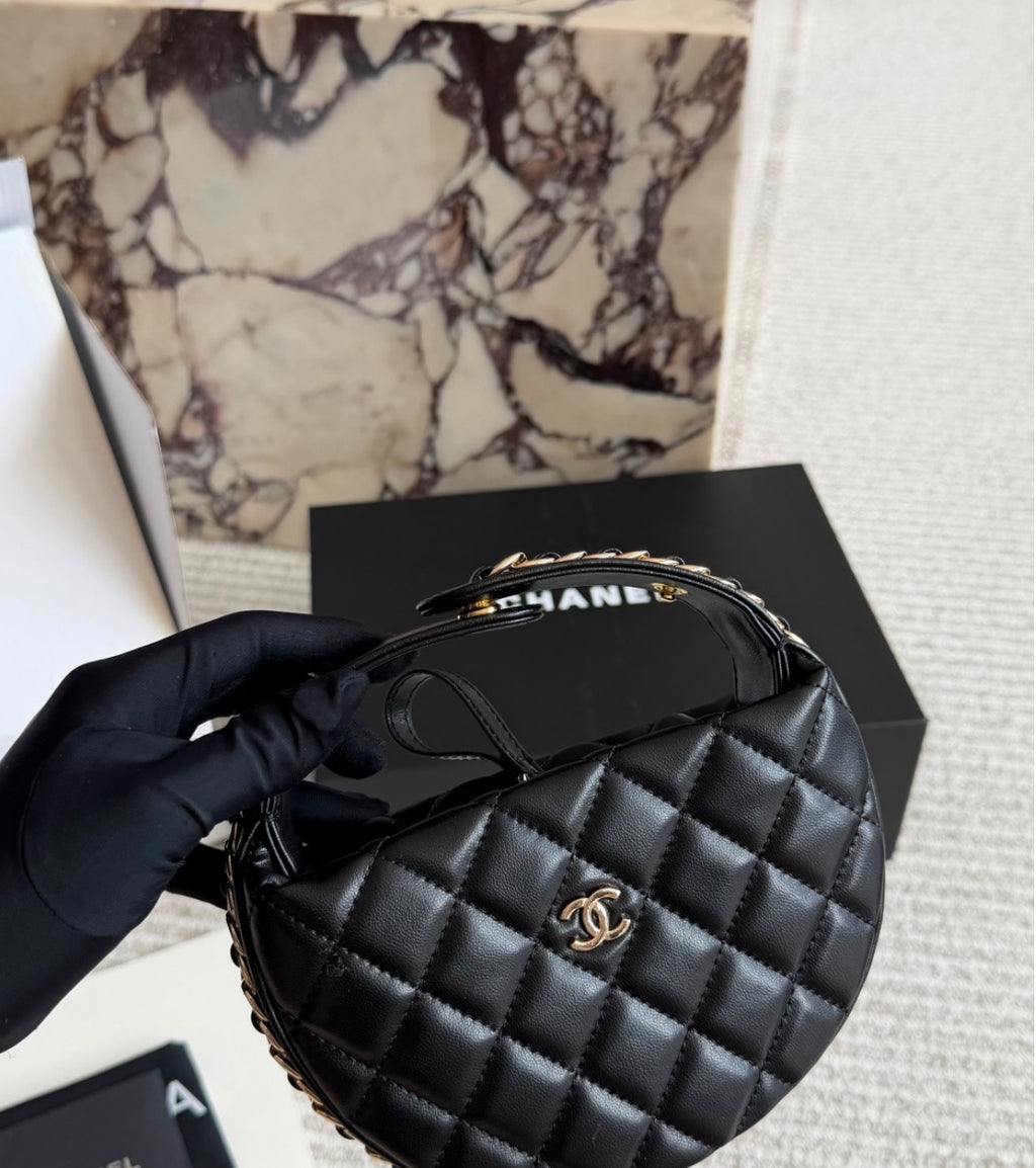 Chanel Quilted Black Leather Round Bucket Bag with Gold Chain