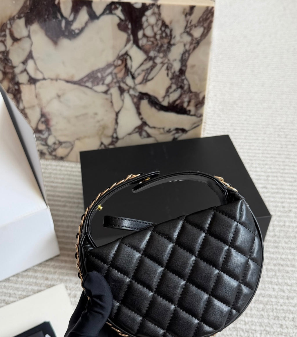 Chanel Quilted Black Leather Round Bucket Bag with Gold Chain