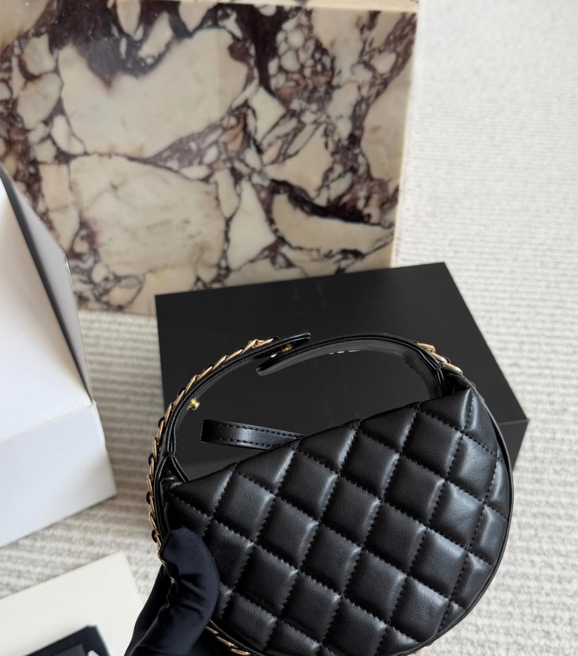 Chanel Quilted Black Leather Round Bucket Bag with Gold Chain