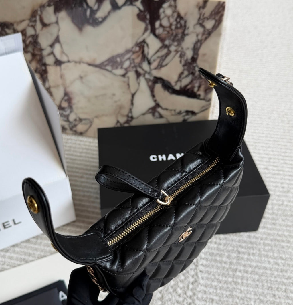 Chanel Quilted Black Leather Round Bucket Bag with Gold Chain