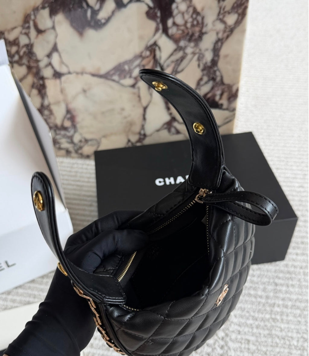 Chanel Quilted Black Leather Round Bucket Bag with Gold Chain