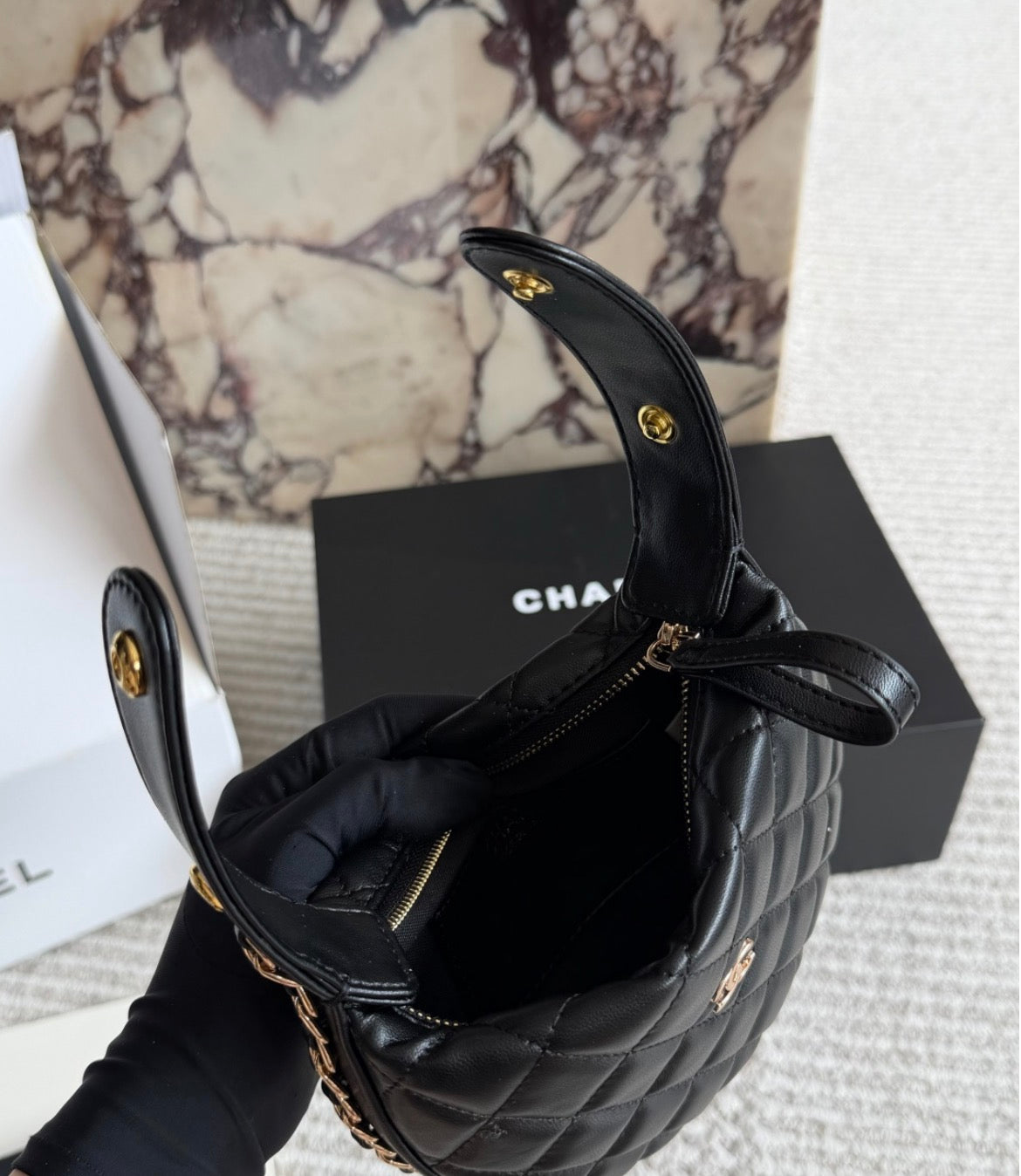 Chanel Quilted Black Leather Round Bucket Bag with Gold Chain