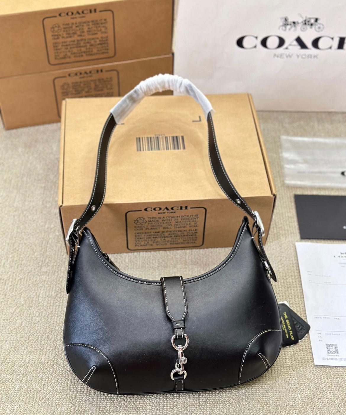 Coach Black Leather Shoulder Bag with Silver Hardware
