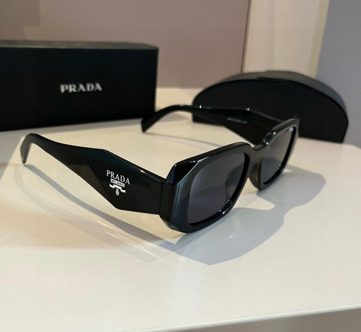 Prada Black Geometric Rectangular Sunglasses with Smoke Lenses