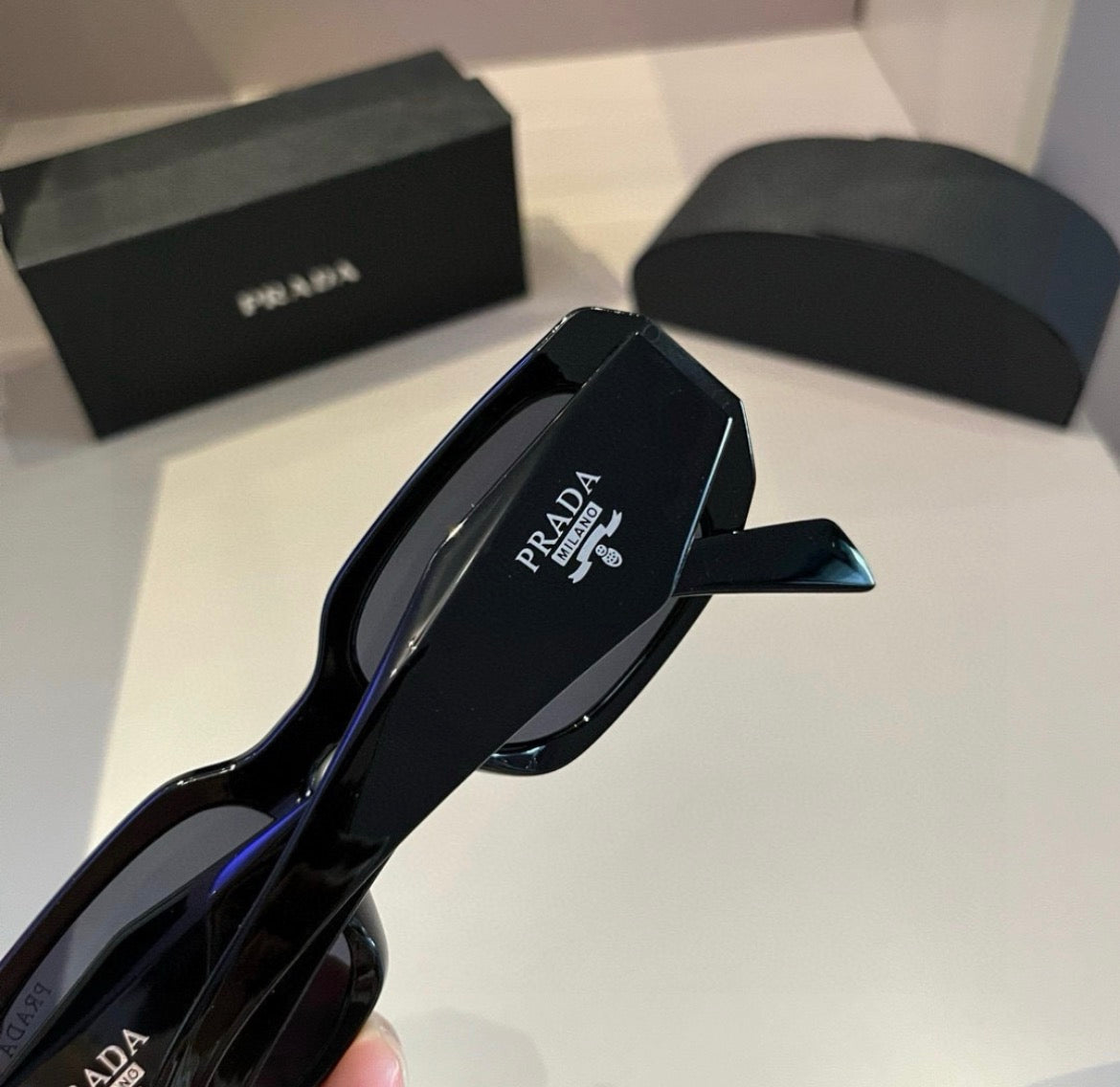 Prada Black Geometric Rectangular Sunglasses with Smoke Lenses