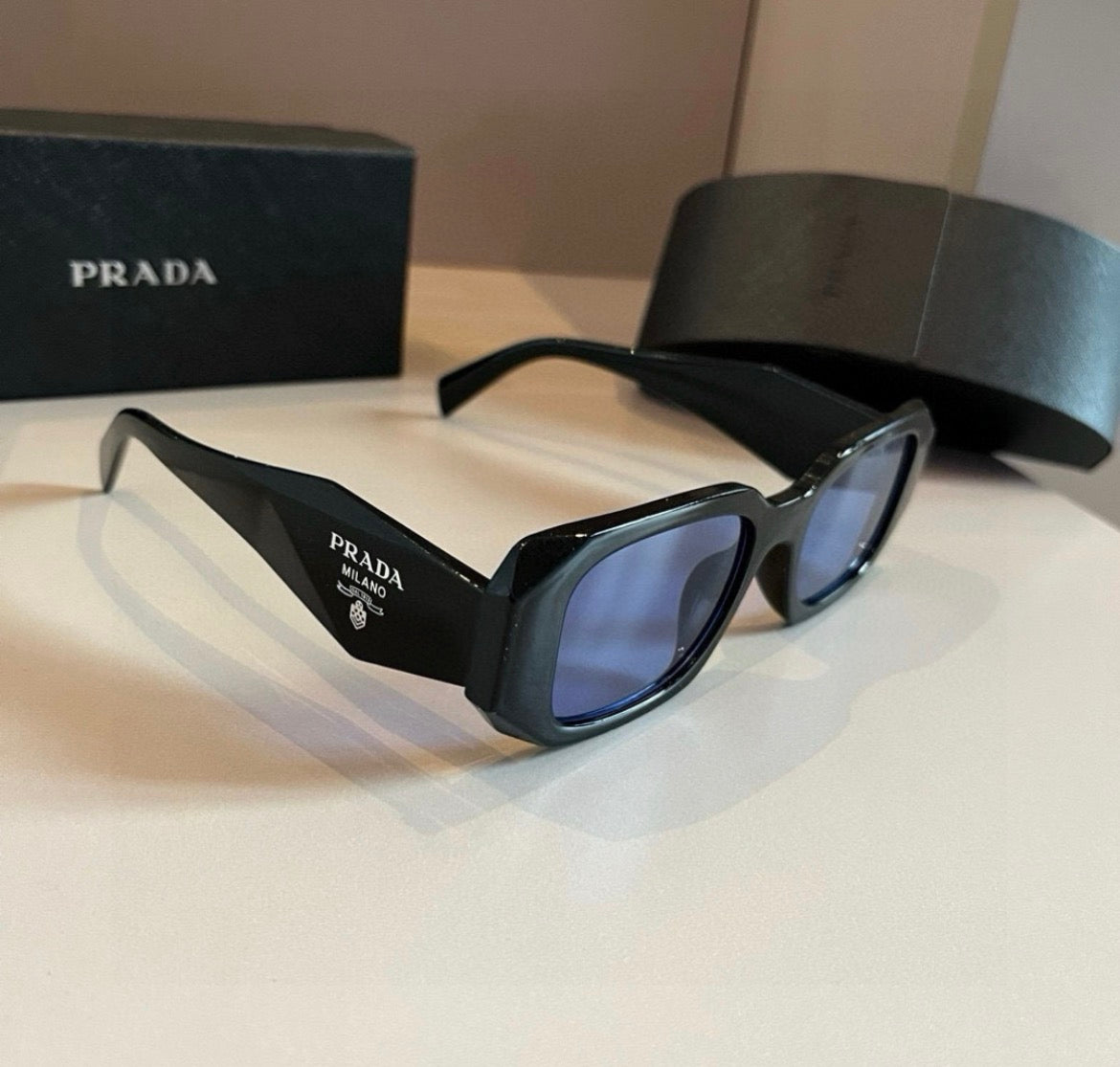 Prada Black Rectangular Sunglasses with Blue-Tinted Lenses