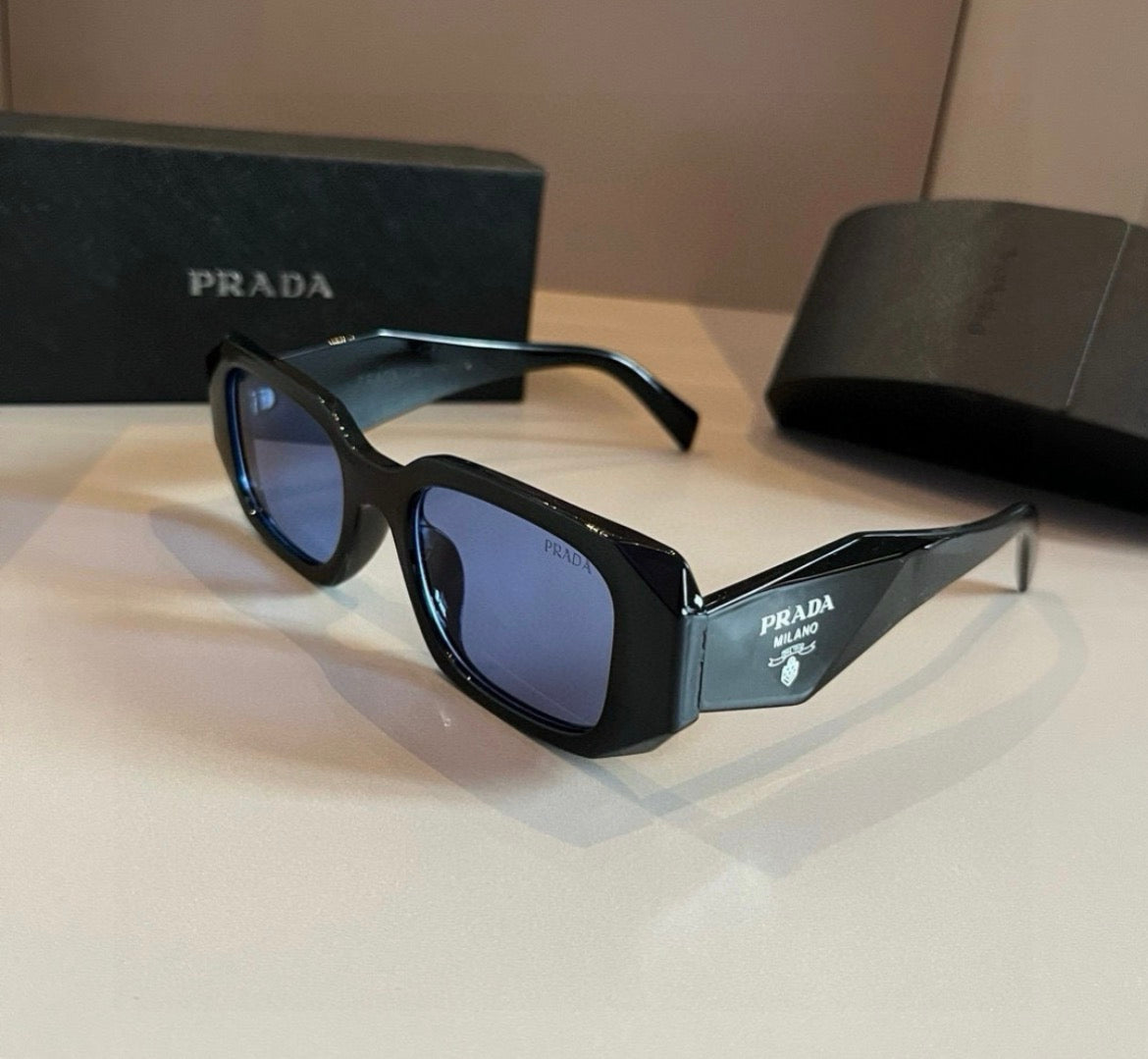 Prada Black Rectangular Sunglasses with Blue-Tinted Lenses