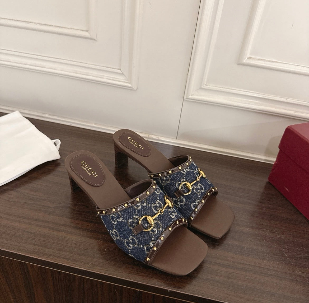 Gucci GG Monogram Canvas Heeled Mule with Gold Horsebit Hardware