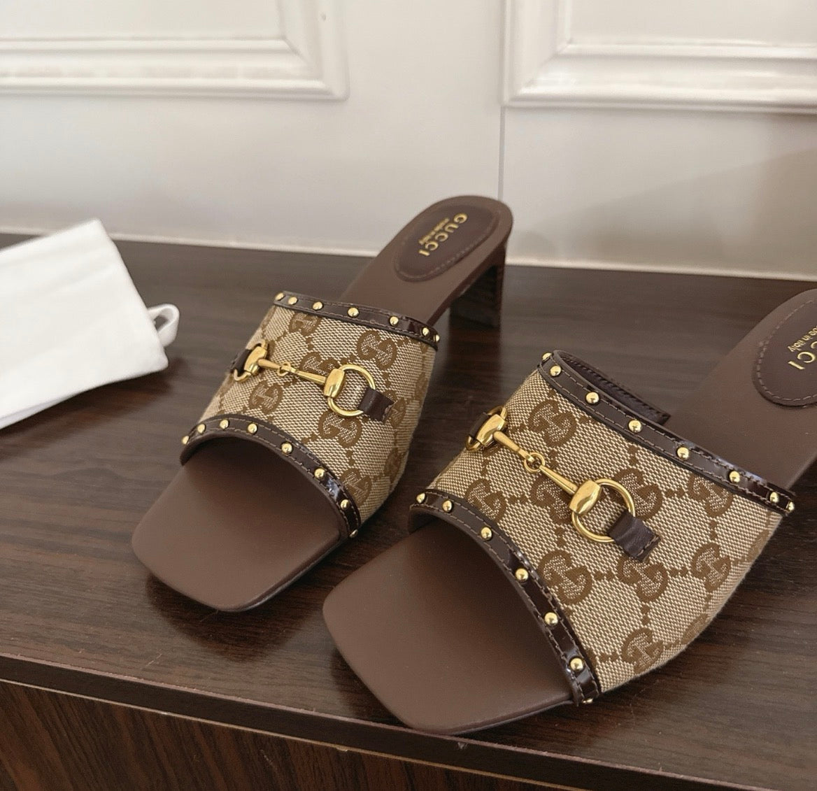 Gucci GG Monogram Denim Slide Sandal with Gold Horsebit Hardware
