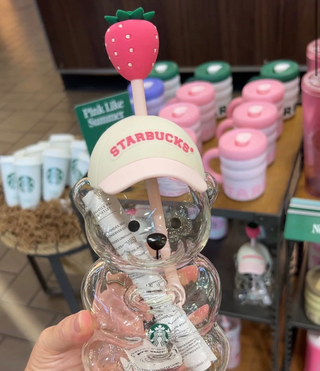 Starbucks Bearista Glass Bear Cup 20oz | Strawberry Straw Topper
