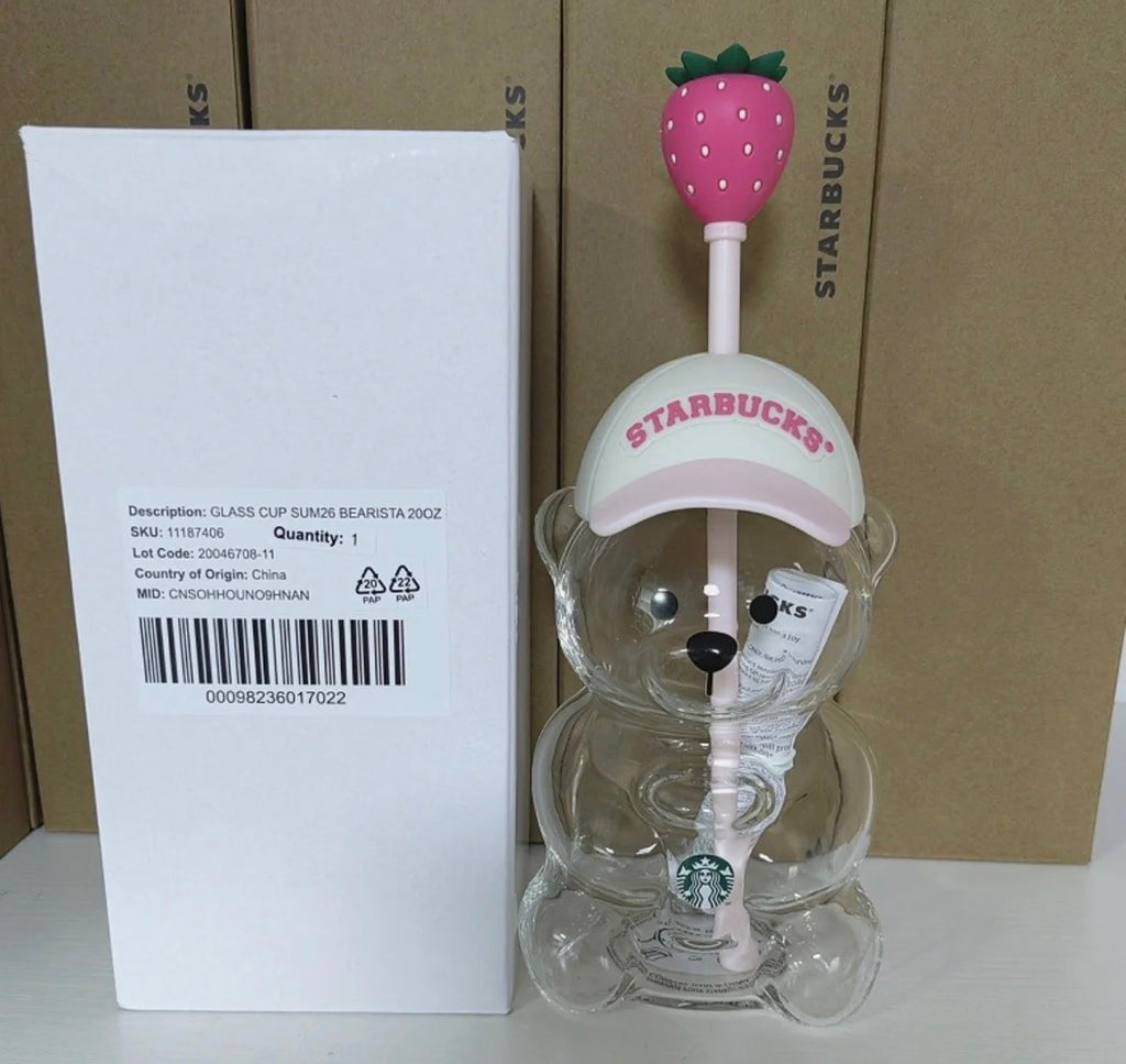 Starbucks Bearista Glass Bear Cup 20oz | Strawberry Straw Topper