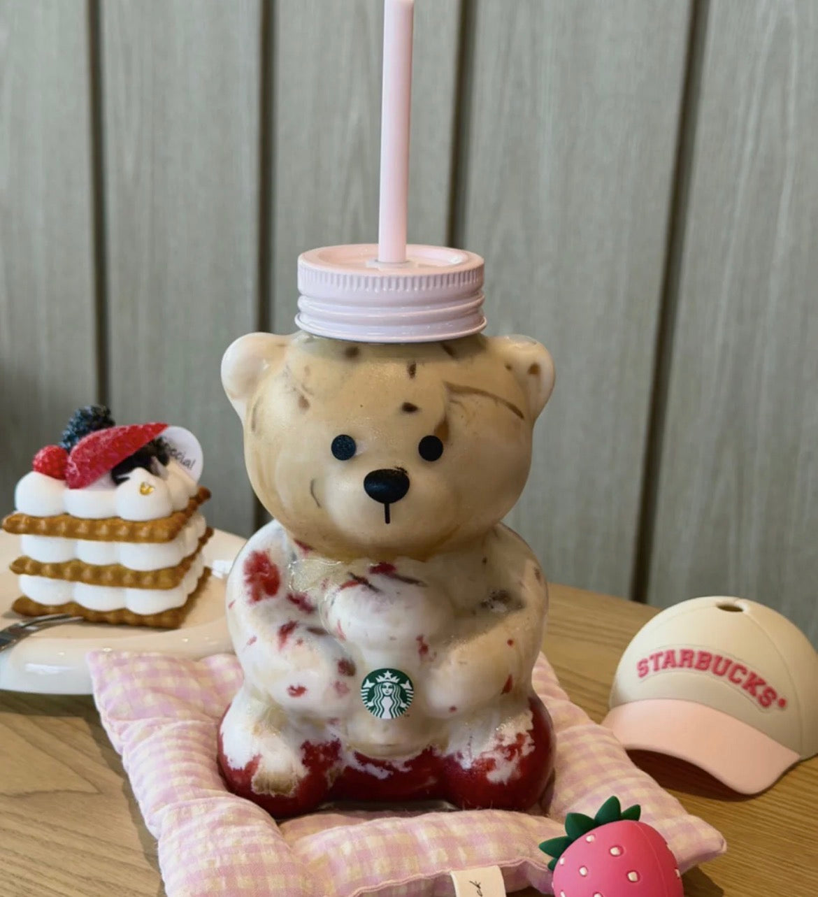 Starbucks Bearista Glass Bear Cup 20oz | Strawberry Straw Topper